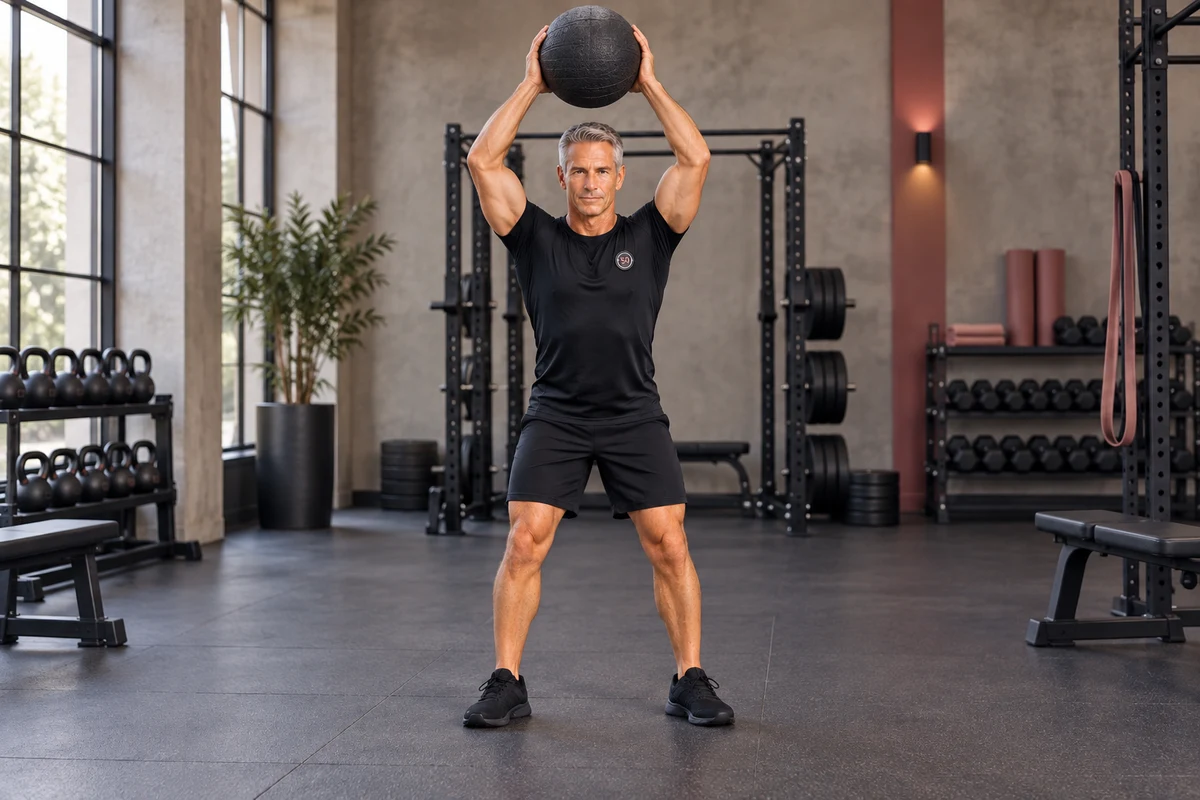 Man holding a medicine ball overhead in preparation for a slam